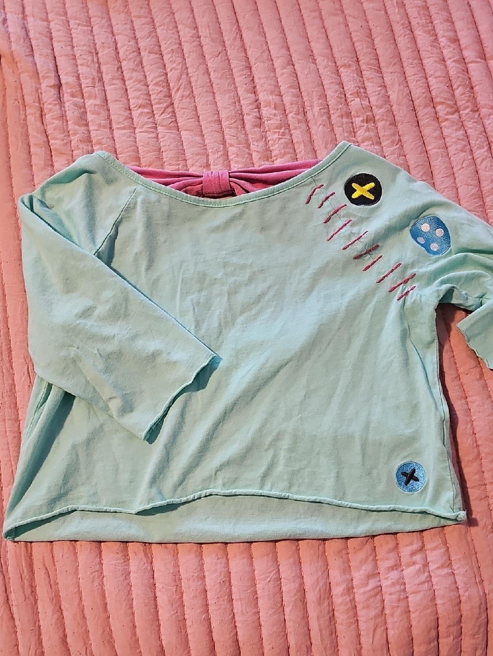 Disney Mint Green Sleeve Top with Pink Back Bow Lilo And Stitch Scrum Sz XXS